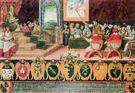 Posiedzenie komisji papieskiej przed wprowadzeniem kalendarza gregoriańskiego. Ilustracja z okładki rejestru podatkowego Sieny, 1582